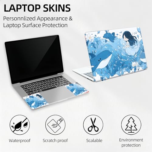 Cute Whale Girl Anime Universal Laptop Skin Sticker 3PCS, Protective Decal Trim-to-Fit 11.6" 13.3" 14" 15.6" Laptop Vinyl Cover, Removable Anti-Scratch Computer Decal Protector - color: Cute Whale Girl Anime