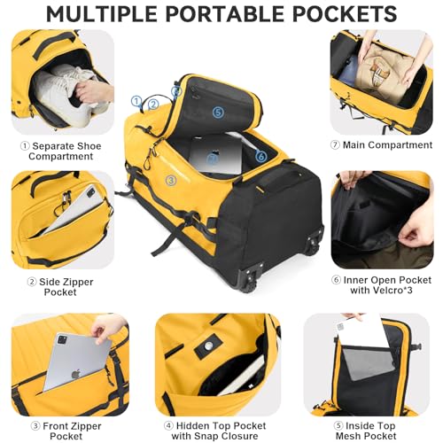 Rolling Duffle Bag with Wheels,86L 30”Carry on Luggage with Wheels,Folding Travel Bag,Duffle Backpack with Separate Shoe Compartment (Yellow) - color: Yellow