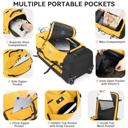 Rolling Duffle Bag with Wheels,86L 30”Carry on Luggage with Wheels,Folding Travel Bag,Duffle Backpack with Separate Shoe Compartment (Yellow) - color: Yellow