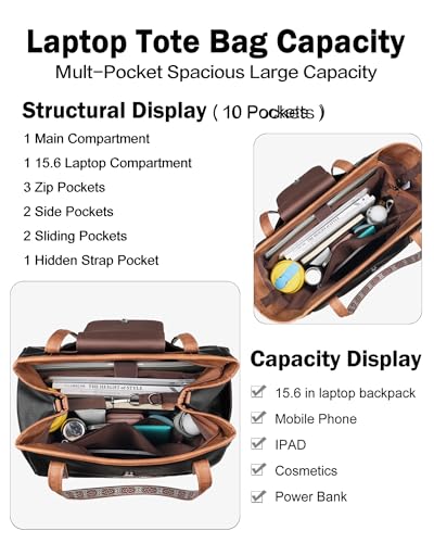 Large Laptop Tote Bag for Women Designer Leather Laptop Bag, 15.6in | Fashion Travel Backpack Purse Shoulder Handbag Fits 15.6 Laptop, Daily, Work, Business Trip, Weekend Travel, Teacher - color: Retro Black With Brown