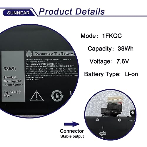 1FKCC Laptop Battery Compatible with Dell Latitude 7200 7210 2-in-1 Series Notebook T04J T04J001 T04J002 09NTKM 9NTKM T5H6P 0D9J00 D9J00 0KWWW4 KWWW4 7.6V 38Wh 4750mAh 2-Cell