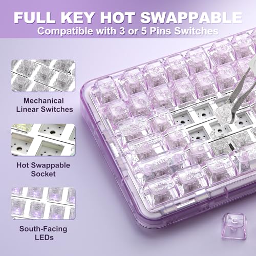 YUNZII X98 QMK/VIA Wireless Mechanical Gaming Keyboard with Knob,Tri-Mode BT5.0/USB-C/2.4GHz Hot Swappable Keyboard,Pre-lubed Switches Gasket Mount RGB Backlit for Wins/Mac (Purple, Crystal Switch) - color: Purple, size: Crystal Switch