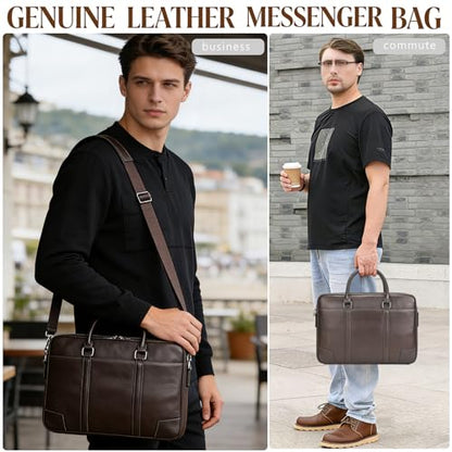 Leather Laptop Bag for Men Briefcase Fits 15.6 Inch Notebook Portable Shoulder Messenger Crossbody Bag for Travel Office - color: 824-coffee