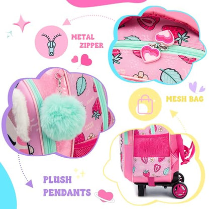 Cute Rolling Backpack for Girls School Backpacks with Wheels for Girls 8-12 Kawaii Rolling Backpack Kids Backpacks with Wheels Travel Luggage for Elementary Student - color: Pink Cat Strawberry
