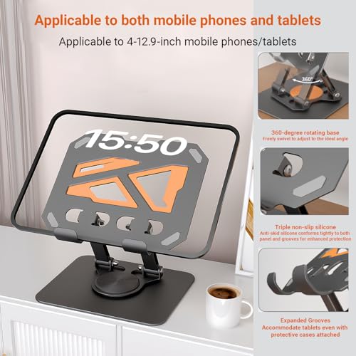 360° Swivel Tablet Stand for iPad, Adjustable Height & Angle Ergonomic Holder, Foldable Portable Desktop Mount for 4-11.9 inch Tablets & Phones, Non-Slip Base with Heat Vent - color: black