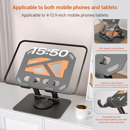 360° Swivel Tablet Stand for iPad, Adjustable Height & Angle Ergonomic Holder, Foldable Portable Desktop Mount for 4-11.9 inch Tablets & Phones, Non-Slip Base with Heat Vent - color: black