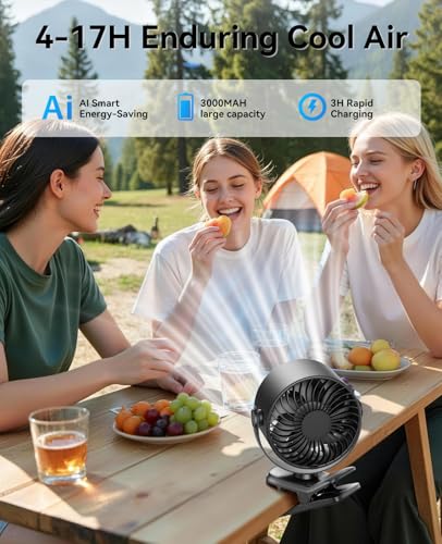 KIMMOO Portable Clip on Fan, 100-Speed Rechargeable USB Fan with LED Display, 360° Rotation & Strong Airflow Desk Fan, Up to 17 Hours Small Battery Fan for Outdoor Travel Camping Treadmill Car (Black) - color: Black
