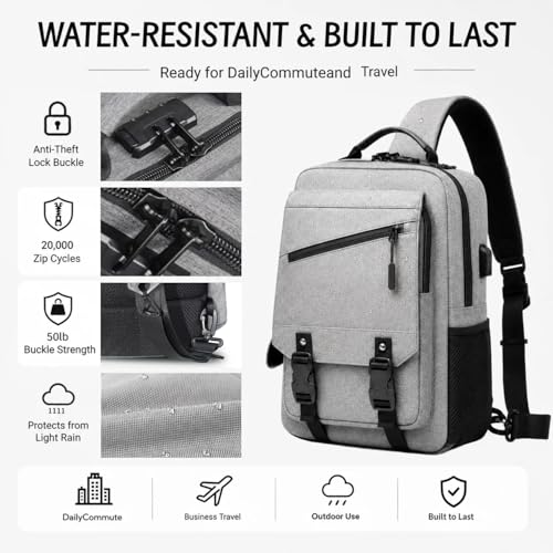 Sling Bag Large Capacity: Crossbody Bag for Men Fits 15.6 Inch Laptop A4 Files with Anti Theft USB Port - color: 39-light Grey