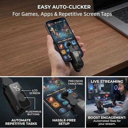 Auto Clicker for Smart Phone, Auto Screen Tapper for Smartphone Tablet TikTok Live - Rechargeable Phone Screen Device Speed Clicker with 107 Adjustable Speed and Digital Display