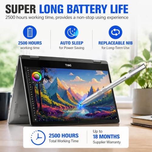 Active Pen for Dell 2-in-1 Touchscreen Laptop, MPP Stylus, Palm Rejection | 1024 Pressure Level, Palm Rejection, Dual Shortcut Buttons, 2500-Hour Battery for Inspiron 5379/7586, Latitude 3190/3390/7230 - color: Silver
