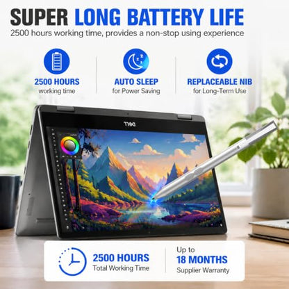 Active Pen for Dell 2-in-1 Touchscreen Laptop, MPP Stylus, Palm Rejection | 1024 Pressure Level, Palm Rejection, Dual Shortcut Buttons, 2500-Hour Battery for Inspiron 5379/7586, Latitude 3190/3390/7230 - color: Silver
