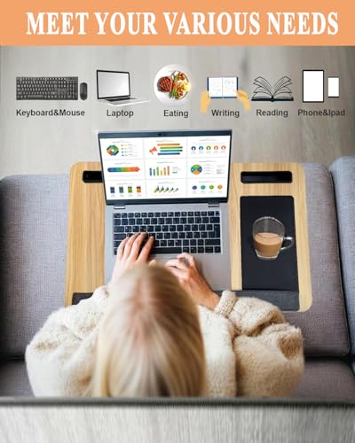 Lap Desk - Laptop Tray for Bed, Lapdesk with Cushion for Couch Sofa Fits up to 17.3” Laptop, Lap Table with Portable Handle,Self-Adhesive Mousepad with Foldable Metal Device Stand(Light Brown)