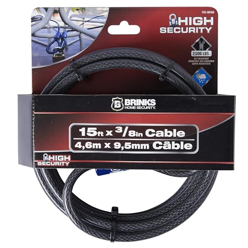 BRINKS - 15 ft x 3/8" Flexible Steel Loop Cable - Heavy Duty Vinyl Wrap for Corrosion Protection