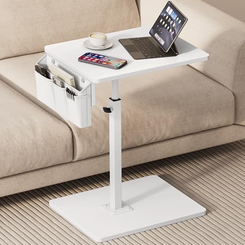 Vagusicc Sofa Armrest Tray Table for Couch, 360° Swivel Height Adjustable TV Tray Table for Small Spaces, Snack Side Table for Couch, Bed, Chair, C Shaped End Side Table for Eating, Reading, Laptop - color: White, style: With Storage Bag