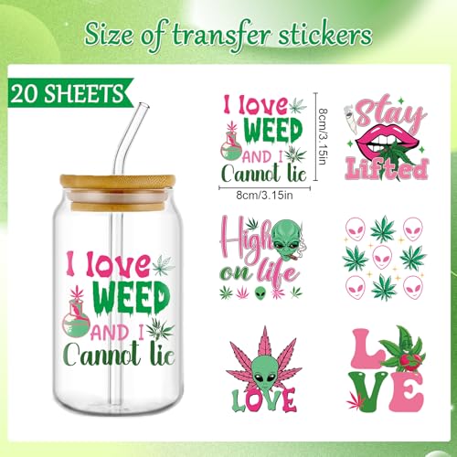 Rngmsi UV DTF Cup Wraps - 20 Sheets 420 Theme UV DTF Decals for 16 oz Glass Mugs, Tumblers, Weed Alien Lip Waterproof Rub on Transfer Stickers for DIY Wood Crafts - style: 420 Theme
