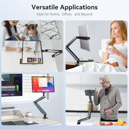 Aluminum Tablet Stand Holder - 360° Adjustable & Foldable Phone iPad Holder for Desk Mount, Dual-Device Desk Clamp for iPad Pro/Air/Mini, Samsung Galaxy Tab, Kindle, Phones 4-13"-931010
