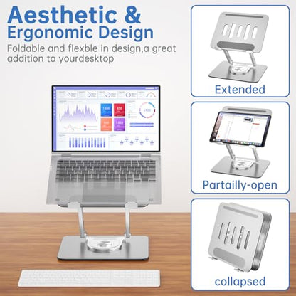Laptop Stand for Desk Adjustable Computer Stand with 360 Rotating Base Ergonomic Laptop Riser Mount for Desk Foldable Protable Computer Desk Fits with MacBook Pro Air, Rectangle - color: Rectangle, Silver