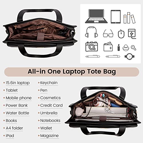LOVEVOOK Laptop Tote for Women - 15.6 Inch Professional PU Leather Computer Briefcase, Waterproof Handbag, Large Capacity Business Teacher Office Bag, Crossbody Purse - Black - color: Black-2, size: 15.6 Inch