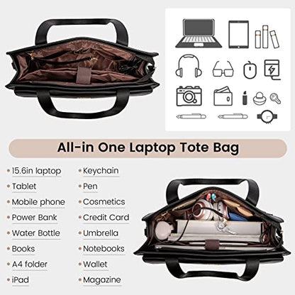 LOVEVOOK Laptop Tote for Women - 15.6 Inch Professional PU Leather Computer Briefcase, Waterproof Handbag, Large Capacity Business Teacher Office Bag, Crossbody Purse - Black - color: Black-2, size: 15.6 Inch