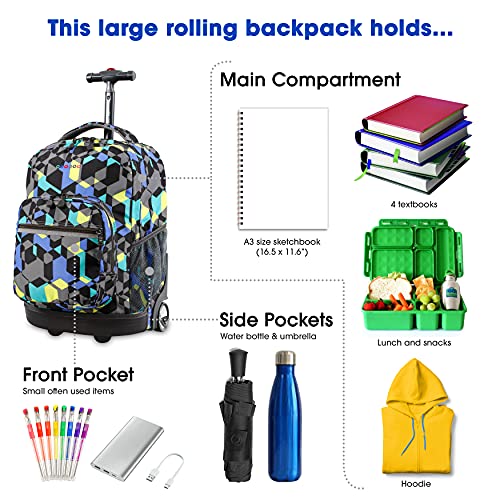 J World Sunrise Kids Rolling Backpack with Wheels for Girls Boys, Roller Bookbag for School, 18 x 13 x 9 Inches, Cubes - color: Cubes