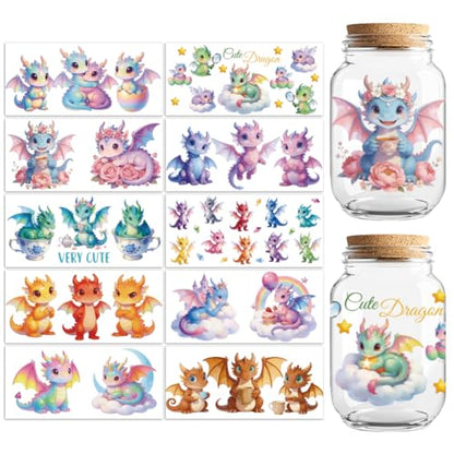 Peacoblue UV DTF Cup Wraps Transfer Stickers Cute Dragon Animal Pattern, 10 Sheets Waterproof Custom Vinyl Transfer Sticker 16oz Coffee Glass Cup Tumbler Bottle Mug Decals for Men Women - style: Cute Dragon Animal
