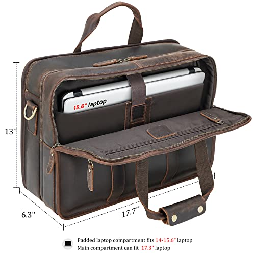 Polare Modern Messenger Bag with Retro Feel 17" Men’s Laptop Briefcase with Full Grain Leather and Premium YKK Zippers - color: Dark Brown(fit 15.6" Laptop)
