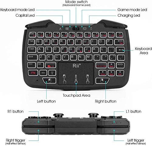 Rii RK707 3 in 1 Multifunctional 2.4GHz Wireless Portable Game Controller | 62-Key Rechargeable Keyboard Mouse Combo Turbo Vibration Function for PC/Raspberry pi2/Android TV Google/TV B