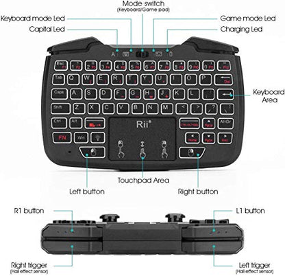 Rii RK707 3 in 1 Multifunctional 2.4GHz Wireless Portable Game Controller | 62-Key Rechargeable Keyboard Mouse Combo Turbo Vibration Function for PC/Raspberry pi2/Android TV Google/TV B