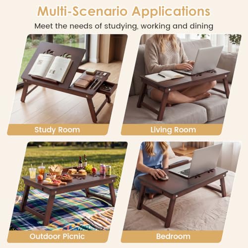 Giantex Bamboo Laptop Desk for Bed, Adjustable Foldable Bed Tray Table (Coffee) - color: Coffee