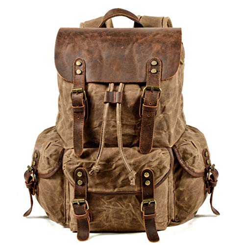 WUDON Leather Backpack for Men, Waxed Canvas Shoulder Rucksack Carry-On Travel Backpack - color: Khaki-regular