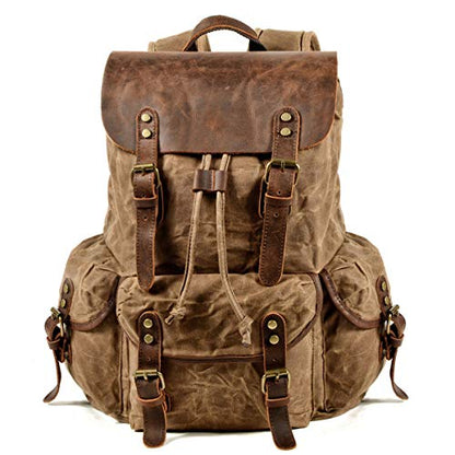 WUDON Leather Backpack for Men, Waxed Canvas Shoulder Rucksack Carry-On Travel Backpack - color: Khaki-regular