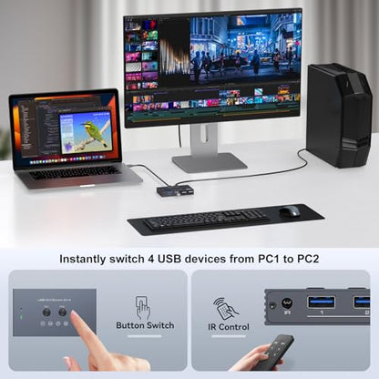 USB 3.0 Switch 2 Computers Share 4 USB Devices with IR Remote 4 Port Hub USB KVM Control 5Gbps Data Sharing for Keyboard Mouse Printer Scanner