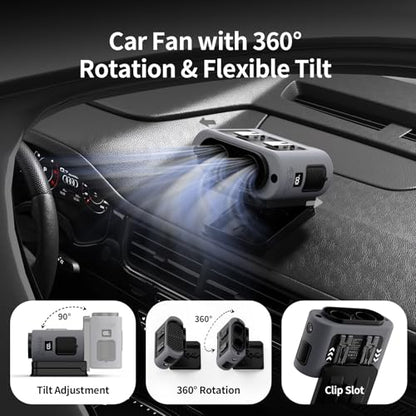 Socool Portable Car Fan - 14500mAh Rechargeable Battery Opearated, Clip on Car Seat Headrest 360 Rotatable, 5-Speed Backseat Fans for Baby Rear Facing Cooling with Dual Air Outlets for SUV RV Truck - color: Gray