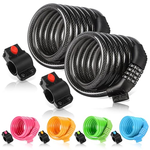Etronic Bike Lock M6, Cable Lock 6 Feet Long Coiled Security Resettable Combo Combination Lock Bicycle Lock with Mounting Bracket - color: Black, Set of 2