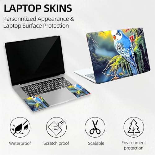 Blue Budgie in Jungle Forest Universal Laptop Skin Sticker 3PCS, Protective Decal Trim-to-Fit 11.6" 13.3" 14" 15.6" Laptop Vinyl Cover, Removable Anti-Scratch Computer Decal Protector - color: Blue Budgie in Jungle Forest
