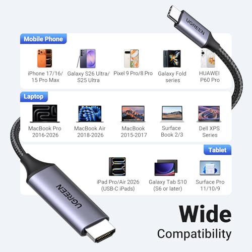 UGREEN Unidirectional USB C to HDMI 2.0 Cable 4K@60Hz 6.6FT | Thunderbolt 4/3, Home and Office, Compatible with iPhone 17 Pro Max, MacBook Pro Air iPad Pro, XPS, Galaxy S26, Steam Deck - size: 6.6FT