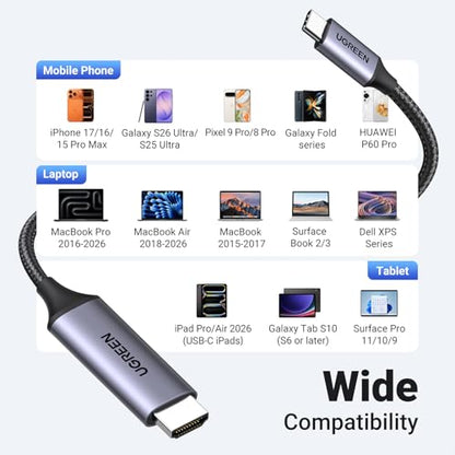 UGREEN Unidirectional USB C to HDMI 2.0 Cable 4K@60Hz 6.6FT | Thunderbolt 4/3, Home and Office, Compatible with iPhone 17 Pro Max, MacBook Pro Air iPad Pro, XPS, Galaxy S26, Steam Deck - size: 6.6FT