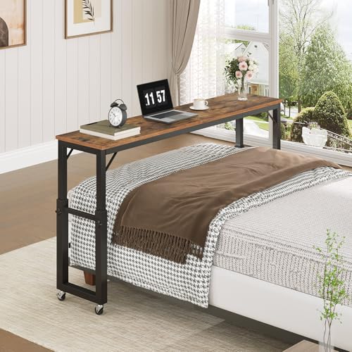 MAHANCRIS Overbed Table with Wheels, Mobile Bed Desk for Queen Size, 36"-43.5" Adjustable Height Rolling Table, Recliner Desk, Mobile Cross Bed for Bedroom, Living Room, Office, Rustic Brown MTHR18001 - color: Rustic Brown