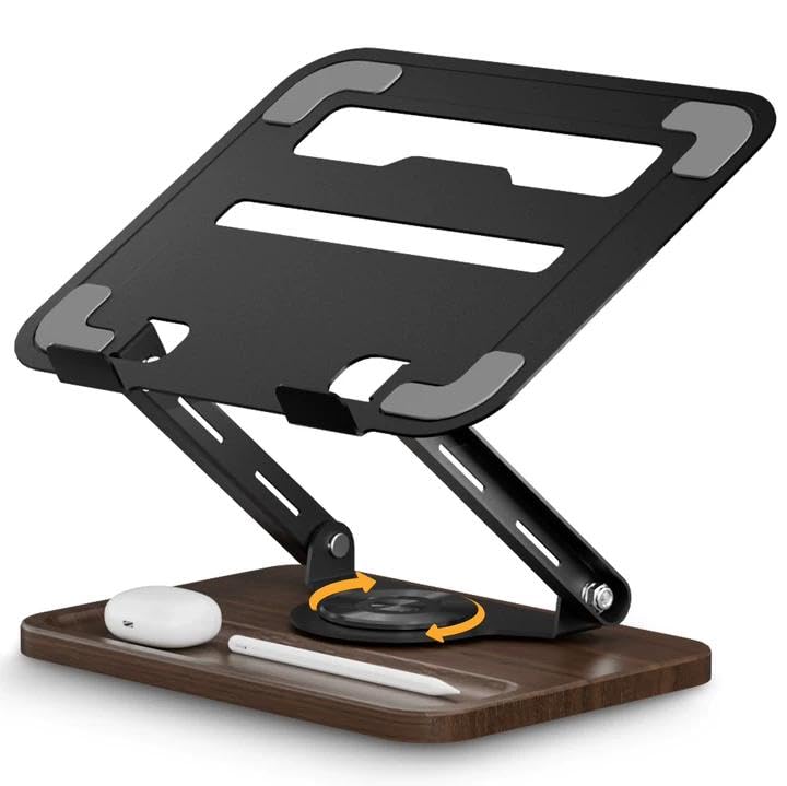 Adjustable Laptop Stand with 360° Rotating Base, Ergonomic Laptop Riser for Desk, Ventilated Notebook Stand with Storage Tray, Wood Base & Silicone Pads for Laptops, Tablets & Books