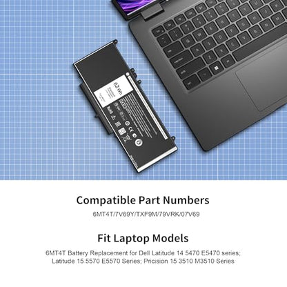 Latitude E5470 E5570 Battery 6MT4T Battery Replacement for Dell Latitude 14 5470 E5470 15 5570 E5570 Precision 15 3510 M3510 Series Notebook 7V69Y TXF9M 79VRK HK6DV 07V69Y（7.6V 62WH） - style: 6MT4T