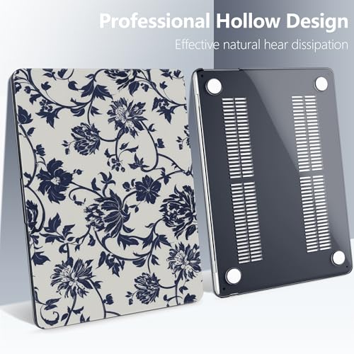 Batianda Case for MacBook Air 15 inch 2026 M5 M4 M3 M2 Chip, Navy Flowers | 4-in-1 set with artistic porcelain vine flower design, lightweight slim hard shell protection for office women and teachers - color: Navy flowers
