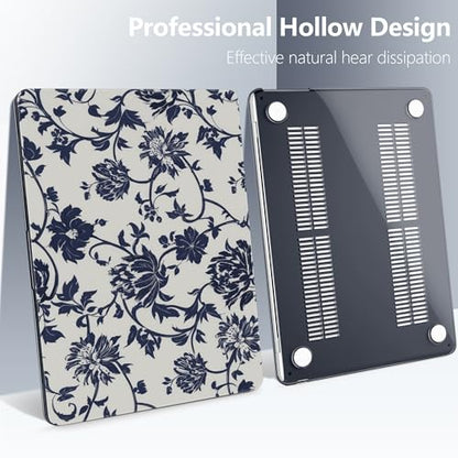 Batianda Case for MacBook Air 15 inch 2026 M5 M4 M3 M2 Chip, Navy Flowers | 4-in-1 set with artistic porcelain vine flower design, lightweight slim hard shell protection for office women and teachers - color: Navy flowers
