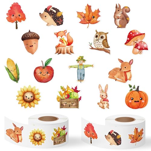 Haooryx Fall Watercolor Sticker Rolls - 1000pcs Fall-Theme Watercolor Pumpkin Maple Leaf Animal Stickers Self-Adhesive Waterproof Vinyl Thanksgiving Harvest Party Favor Page Activity Pad Card Making - style: Fall-Theme Watercolor 2Roll