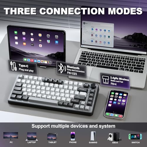 YUNZII B75 PRO Wireless Mechanical Gaming Keyboard | Custom 75% Layout with Knob,Gasket Mount,Hot Swap,Creamy Pre-lubed Switch,BT/USB-C/2.4G(Cocoa Cream V2 Switch,Dark Grey) - color: Dark Grey, size: Cocoa Cream V2 Switch