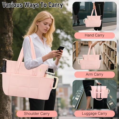 Puffer Tote Bag with Large Cup Holder& 15.6 Inch Laptop Compartment, Lightweight Puffy Work Bag with Water Bottle Pocket, Large Laptop Tote with Clutch Purse for Women Teacher Nurse (Pink) - color: Pink