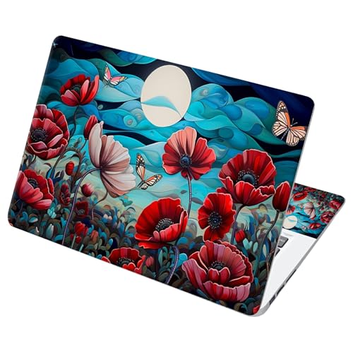Universal Laptop Skin Sticker with 2 Wrist Pad Decals, 3-Piece Removable Vinyl Laptop Cover, Moon Butterfly Poppy Waterproof Anti-Scratch, Easy-Trim Fit for 13.3" 14" 15.6" Laptops - color: Moon Butterfly Poppy