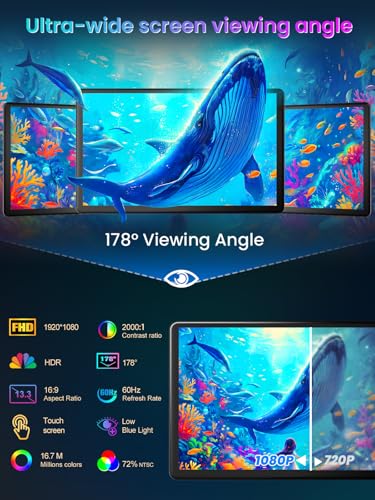 13.3'' Portable Touch Screen Monitor,HDMI VGA USB-B for PC MacBook (dark) | 10-point touch,Quick response,Dual-Speaker,178°viewing angle,400nits,2000:1,VESA,72%NTSC,IPS,Phone PS Xbox - color: dark