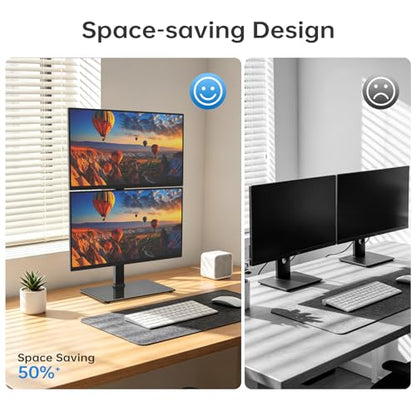 Vertical Dual Monitor Stand for 13-32 Inch Monitors, No Clamp, Freestanding | Supports 44 lbs/Arm | Tempered Glass Base | ±25° Swivel | -5° to +10° Tilt | 8 Height Options | VESA 75×75/100×100 mm - size: Dual Monitor Stand