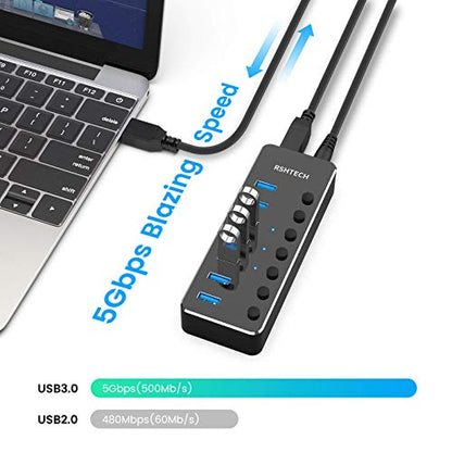 USB 3.0 Hub, RSHTECH 7 Port Powered USB Hub Expander Aluminum USB 3.0 Data Port hub with Universal 5V AC Adapter and Individual On/Off Switches USB Splitter for Laptop and PC(Black) (Pack of 2) - size: 518-2A (Pack of 2)