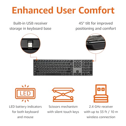 Amazon Basics Ultra Premium Wireless Keyboard and Mouse Combo, Rechargeable, Full-Size with Number Pad, Sleek Design, Plug and Play, Quiet Typing, 2.4GHz USB Receiver, Black - size: QWERTY